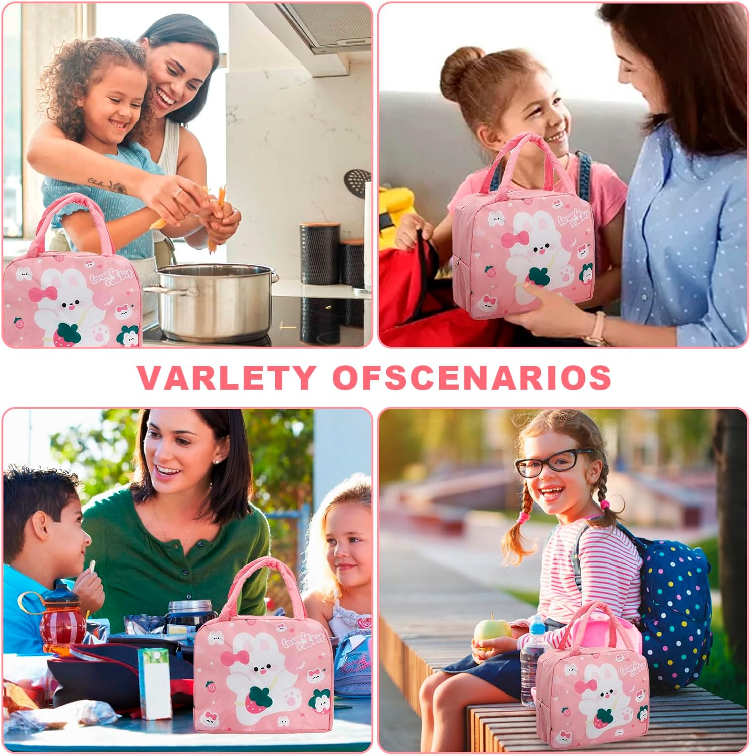 Insulated Lunch Bag, Insulated Lunch Box Bag Refrigerated Lunch Tote Bag, Suitable for Men and Women Work Picnic (Pink Strawberry Bunny)